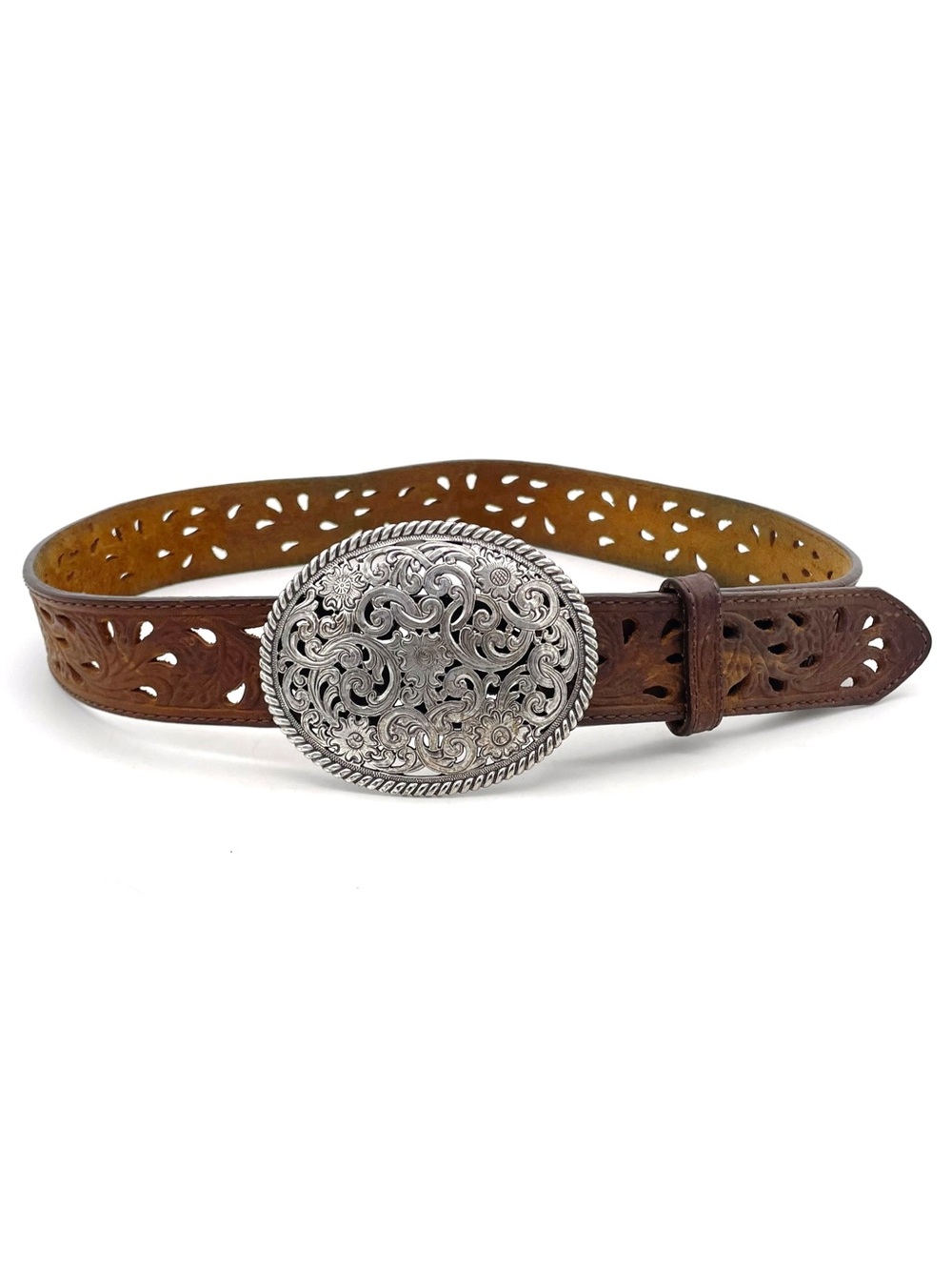 Tony Lama Leather Belt Size 32 Brown Tooled Cutout Western Floral Silver Buckle - Picture 4 of 12